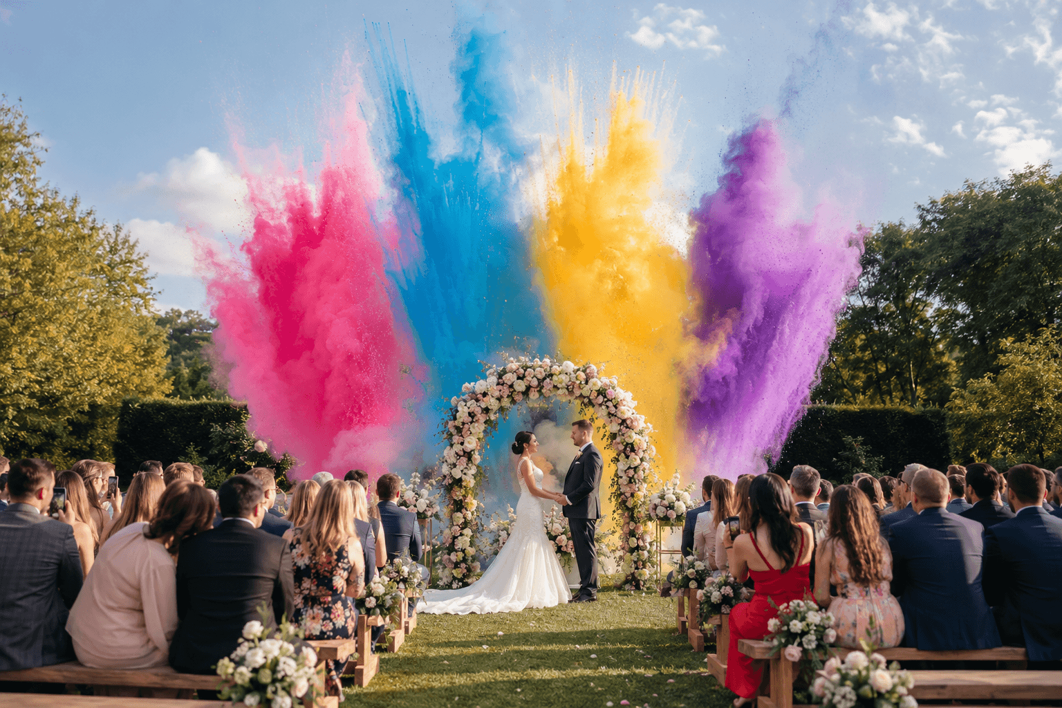Feu d'artifice de jour - tir de poudre Holi colorée lors d'une cérémonie de mariage en Bretagne - MG Events